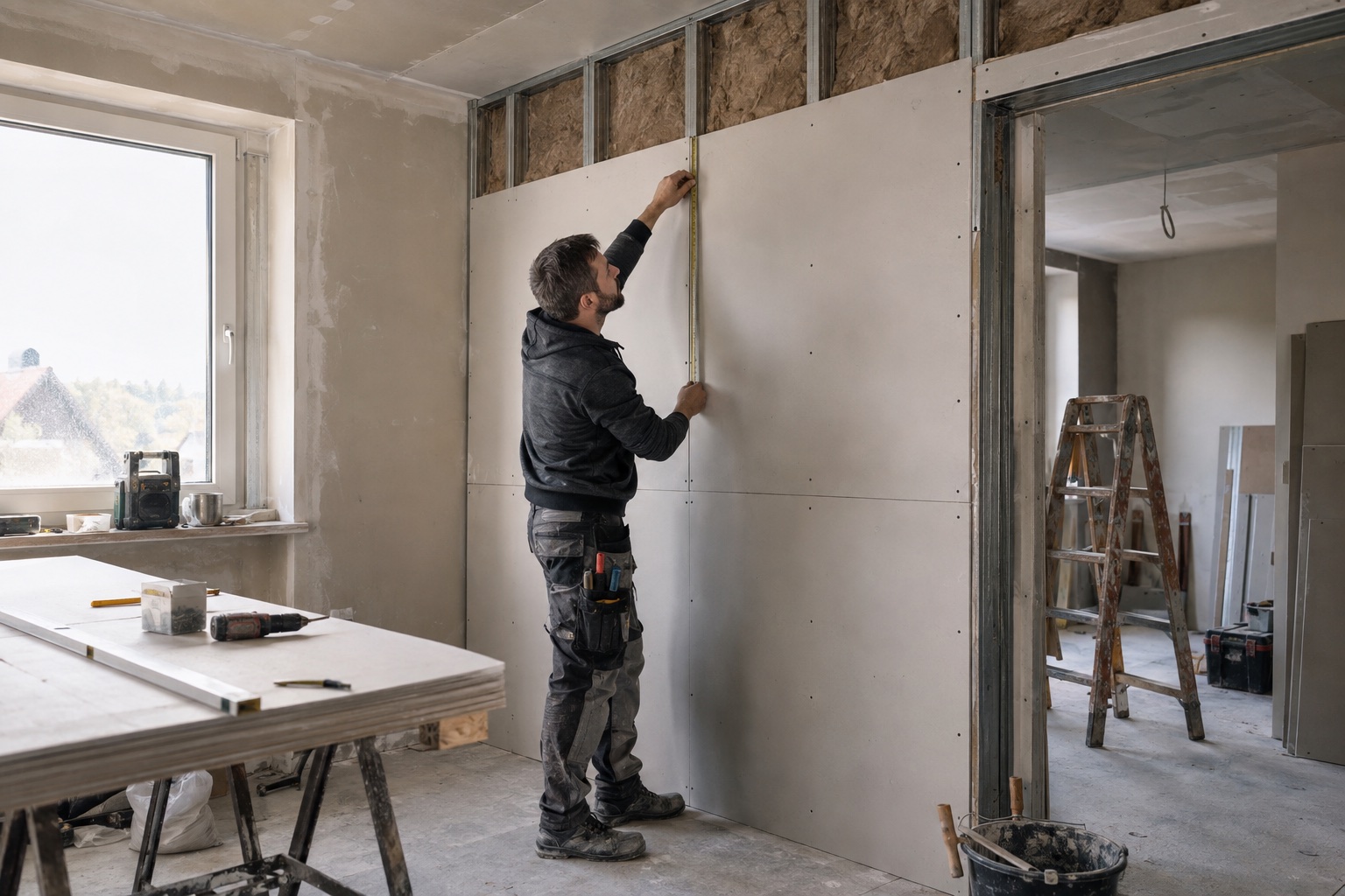 KI-generiertes Beispielbild: Trockenbauarbeiten bei einem Innenausbau in Braunschweig