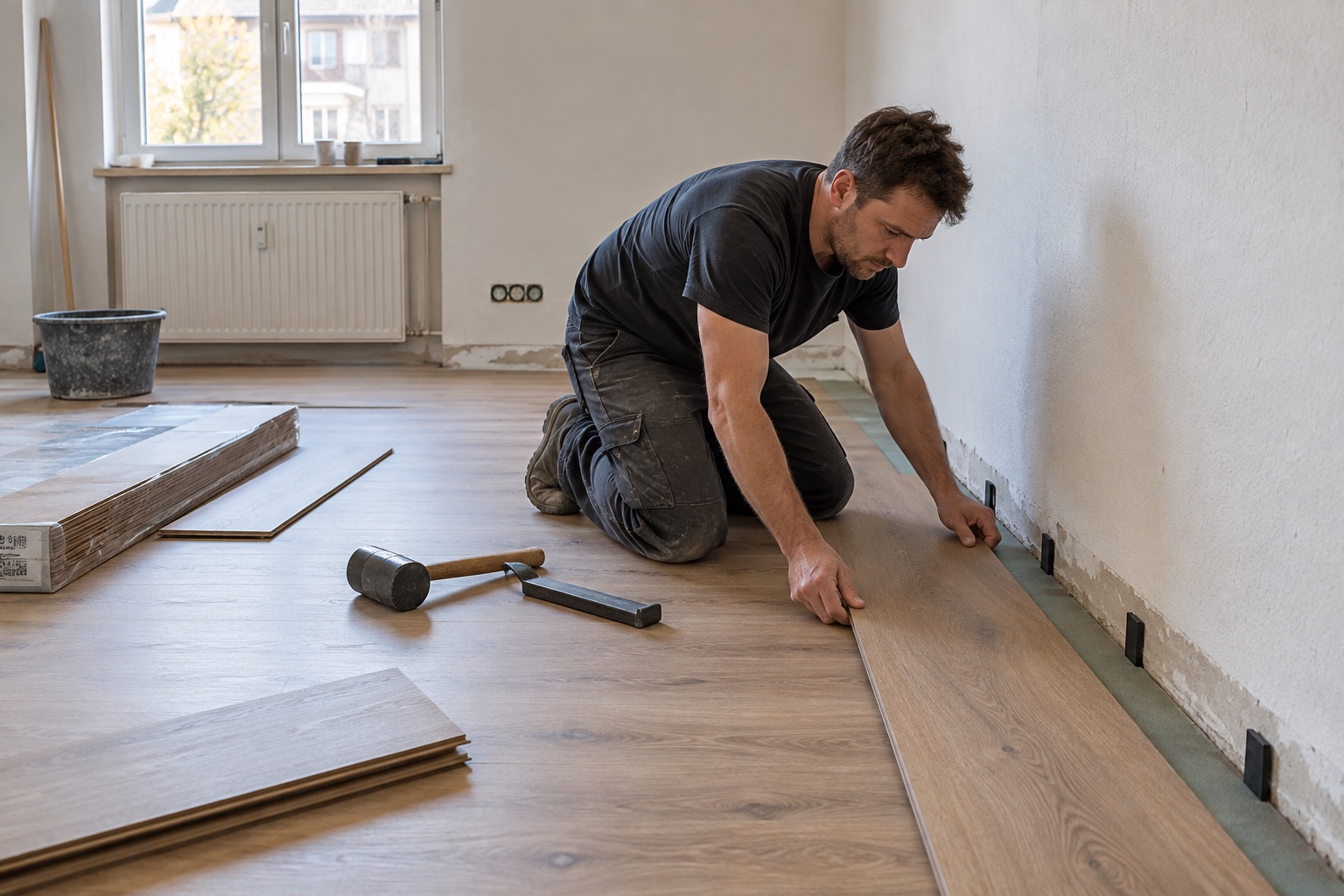 KI-generiertes Beispielbild: Handwerker bei Bodenarbeiten während einer Renovierung in Braunschweig